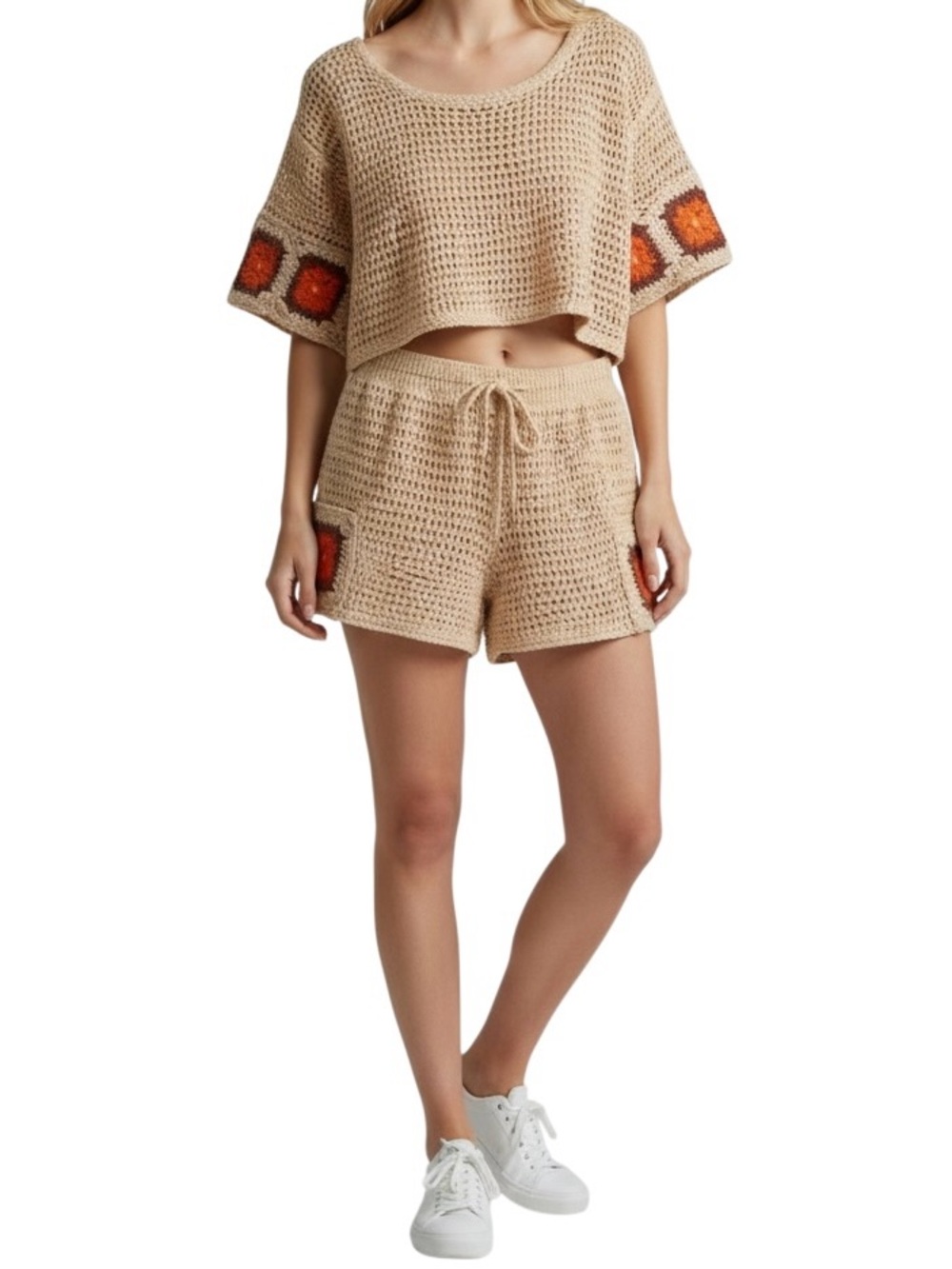 Elan Crocheted Short & Top set Beige Orange Granny Square Women’s S Beach Cover